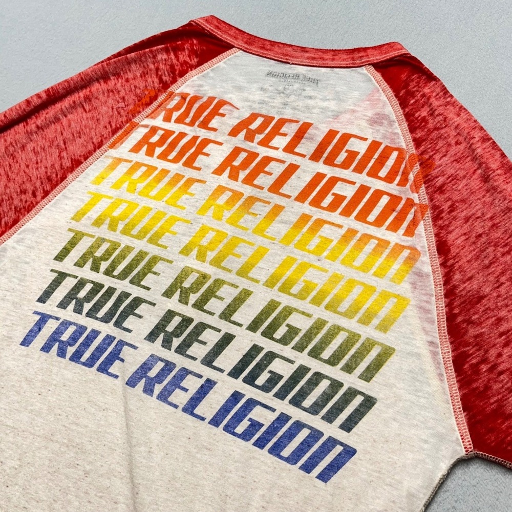 VTG Y2K True Religion Muscle Car Henley Burnout Raglan Rainbow Logo USA L